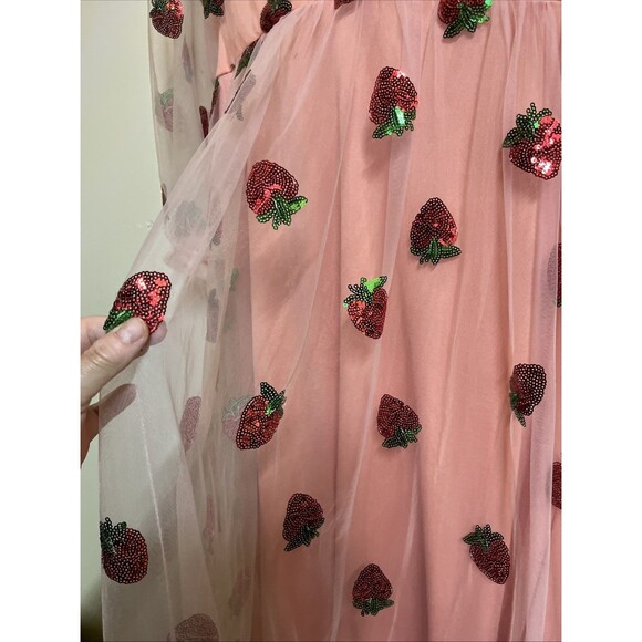 Handmade Regency Era Bridgerton Dress Large Strawberry Sequins Lace Maxi Pink - Picture 6 of 10